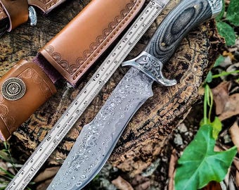 Damascus Steel Hunting Knife with Leather Sheath, Handmade Fixed Blade Bowie Knife, VG10 Core Survival Knife, Gift for Him, Knife Collector