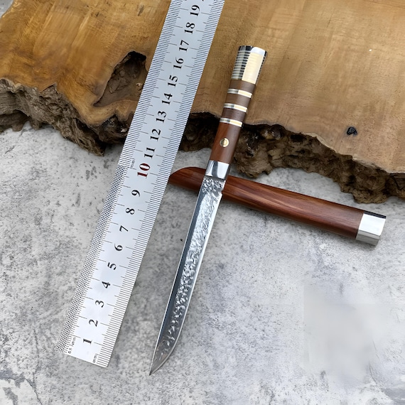 Damascus Steel Fixed Blade Knife with Rosewood Handle and Wooden Sheath, Small EDC Collectible Knife, Gift Boxed Knife for Him
