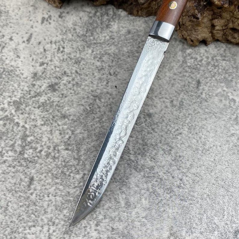 Damascus Steel Fixed Blade Knife with Rosewood Handle and Wooden Sheath, Small EDC Collectible Knife, Gift Boxed Knife for Him image 4