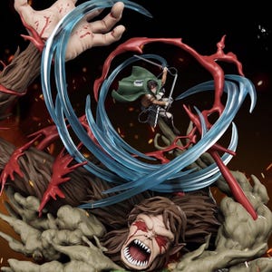 May include: A dynamic anime-style figurine featuring a character in a green cape and brown jacket wielding dual blades, suspended within a swirling blue translucent energy arc, set against a base of brown textured limbs and a large, snarling head.