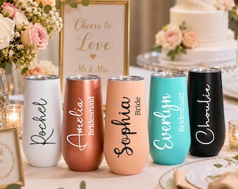 Vaso de champán personalizado de acero inoxidable con tapa, copa de vino personalizada para mujer, vaso para damas de honor, cristalería para fiestas de boda.