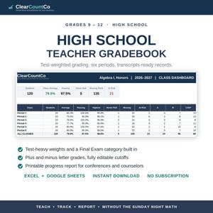 May include: A digital high school teacher gradebook spreadsheet by ClearCountCo. The dashboard displays student performance metrics for Algebra I, Honors 2026-2027, including class averages, passing rates, honor roll, missing work, and at-risk student counts.