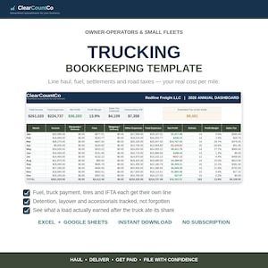 May include: A digital trucking bookkeeping template for owner-operators and small fleets by ClearCountCo. The document features a 2026 annual dashboard for Redline Freight LLC, tracking income, expenses, profit, and taxes in a spreadsheet format.