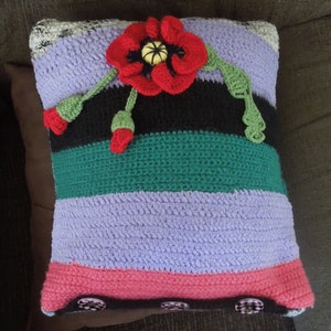 Crocheted Poppy pillow, cushion cover, handmade, multicolored, striped image 7