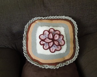 Crocheted pillow, cushion cover with flower, handmade, multicoloured, small