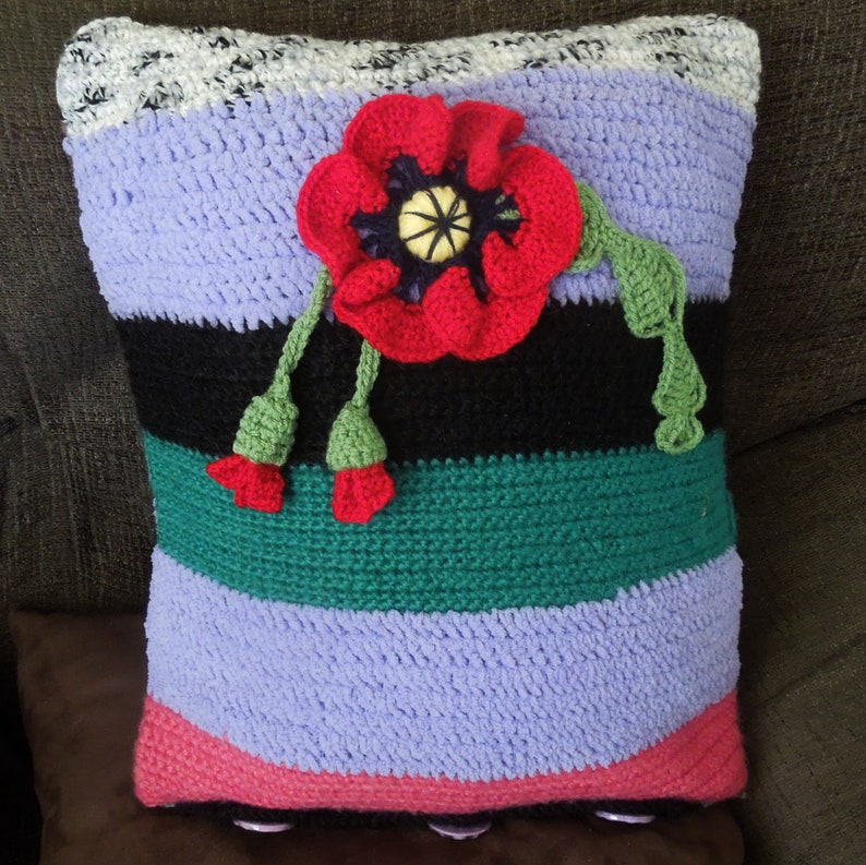 Crocheted Poppy pillow, cushion cover, handmade, multicolored, striped image 3