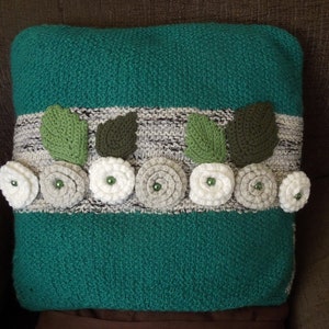 Knitted pillow, cushion cover, handmade, green, grey image 1