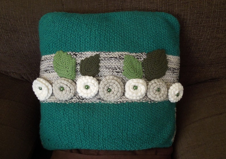 Knitted pillow, cushion cover, handmade, green, grey image 1