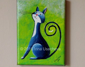 Original Painting for Sale : Fantasy Cat "Inquisitive Cat in Deep-Blue" , acrylic
