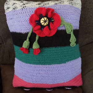 Crocheted Poppy pillow, cushion cover, handmade, multicolored, striped image 2