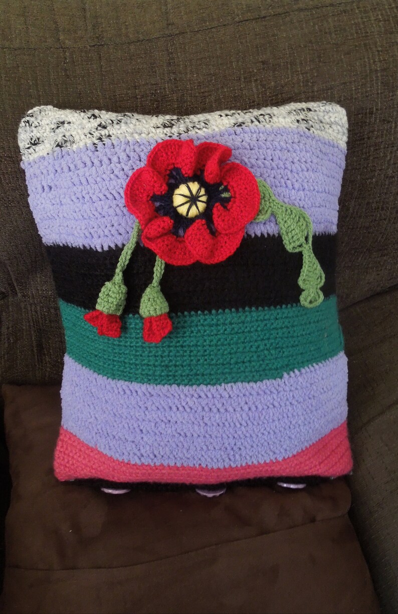 Crocheted Poppy pillow, cushion cover, handmade, multicolored, striped image 2