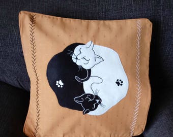 Yin and yang pillow, cushion cover "Black and White Cats" handmade, applique, animal, pet FREE DELIVERY