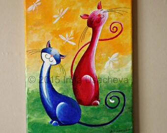 Original Cat Painting for Sale : Fantasy Cats "Cats with Dragonflies", acrylics on canvas