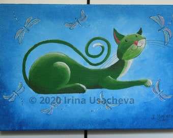 Original Painting for Sale : Fantasy Cat  "Happy Cat in Green with Dragonflies" , acrylic, canvas