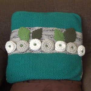 Knitted pillow, cushion cover, handmade, green, grey image 3