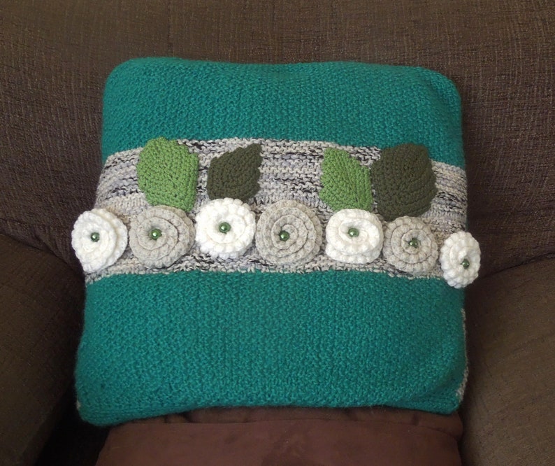 Knitted pillow, cushion cover, handmade, green, grey image 3