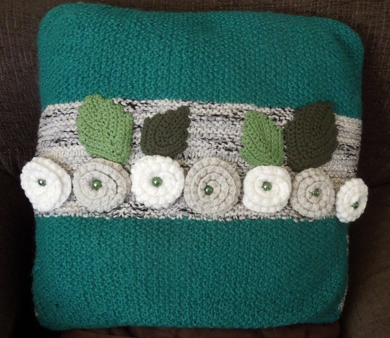 Knitted pillow, cushion cover, handmade, green, grey image 2