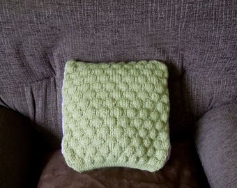 Knitted pillow, cushion cover, handmade, olive and purple, small