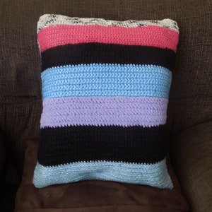 Crocheted Poppy pillow, cushion cover, handmade, multicolored, striped image 5