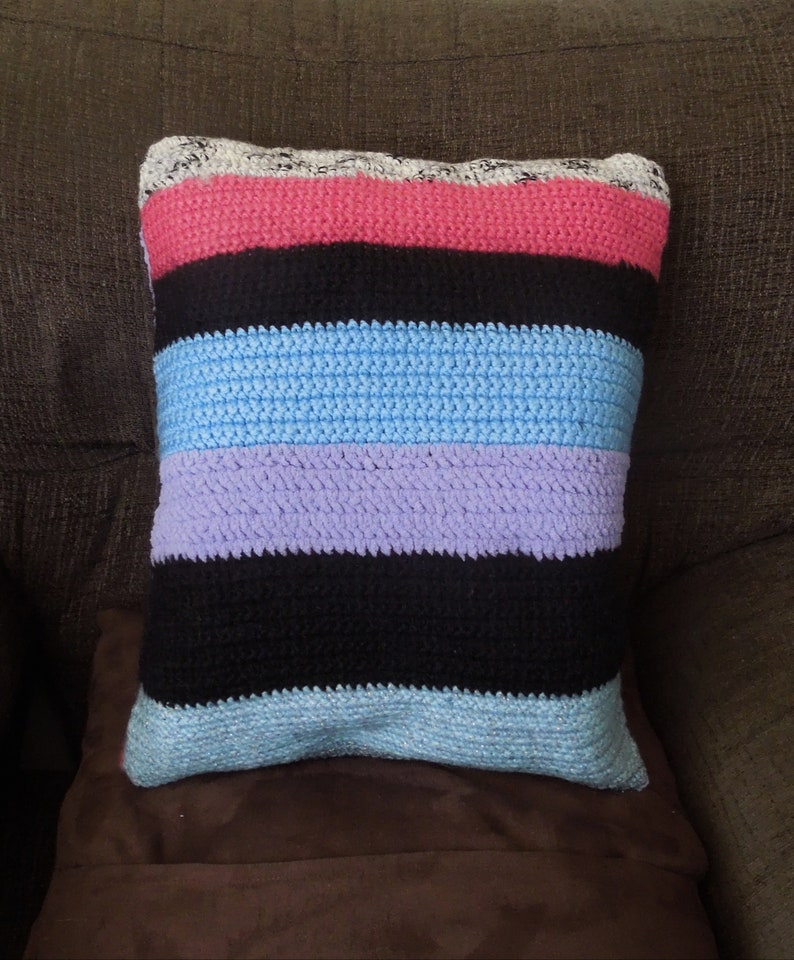 Crocheted Poppy pillow, cushion cover, handmade, multicolored, striped image 5