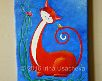 Original Fantasy Cat Acrylic Painting for Sale "Happy Cat in Orange with Butterflies"