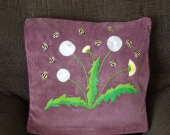 Hand embroidered floral pillow, cushion cover "Dandelion" handmade, FREE DELIVERY
