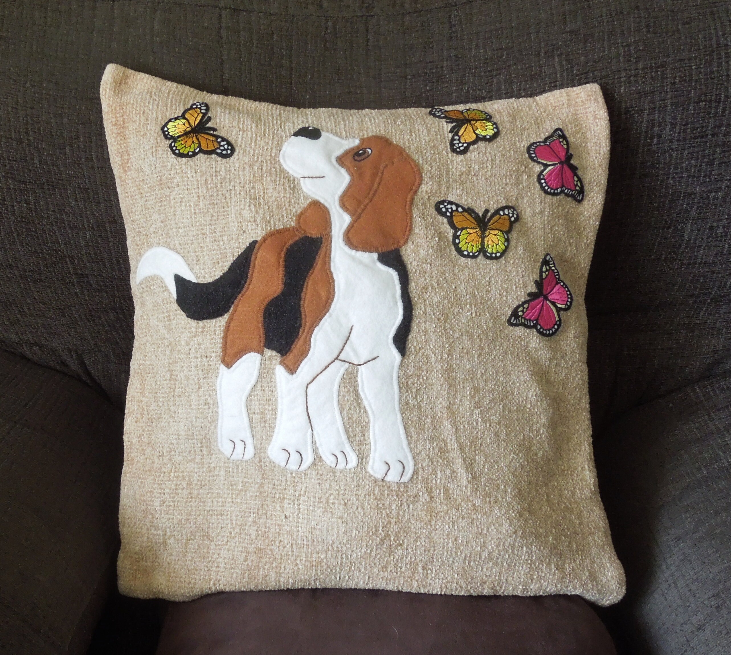 Dog Pillow, Cushion Cover dog With Butterflies, Appliqued, Handmade