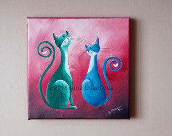 Original Painting for Sale : Fantasy Cats  " Cats on a Date" , acrylic, canvas