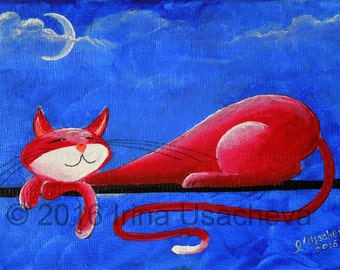 Original Cat Painting for Sale : Fantasy Cats "Sleepy Cat in Red"