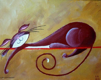 Original Cat Acrylic Painting for Sale "Serene Cat in Burgundy"
