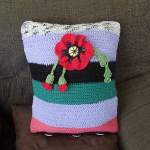 Crocheted Poppy pillow, cushion cover, handmade, multicolored, striped image 1