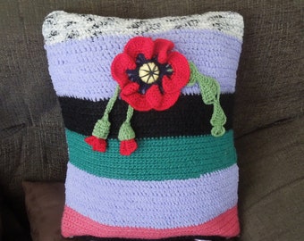 Crocheted  Poppy pillow, cushion cover, handmade, multicolored, striped