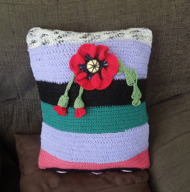 Crocheted Poppy pillow, cushion cover, handmade, multicolored, striped image 1