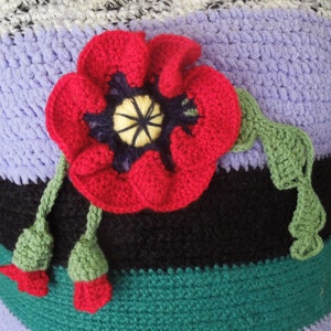 Crocheted Poppy pillow, cushion cover, handmade, multicolored, striped image 4