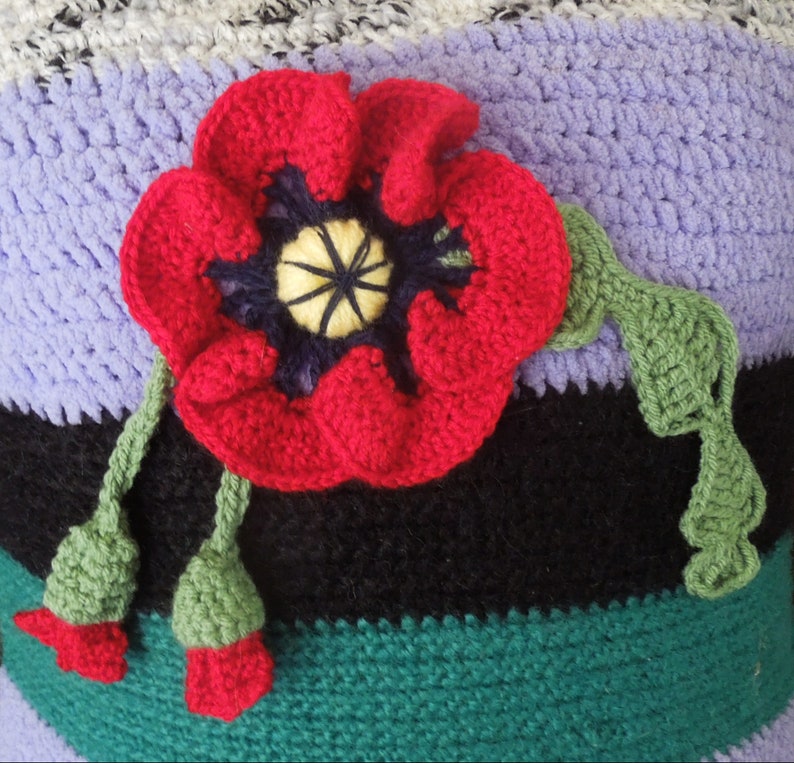 Crocheted Poppy pillow, cushion cover, handmade, multicolored, striped image 4