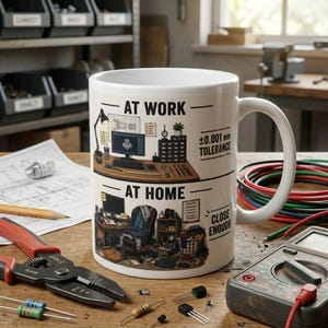 Tasse vie d'électricien Tasse drôle travail contre maison Idée cadeau ingénieur Mug à café mécanicien Cadeau humour électricien Lieu de travail technique