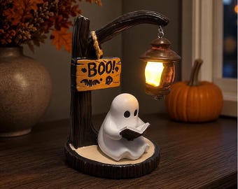 Cute Ghost Reading Lantern – Resin Halloween Ornament with Light – Spooky Desk Figurine for Bookshelf Nightstand Decoration