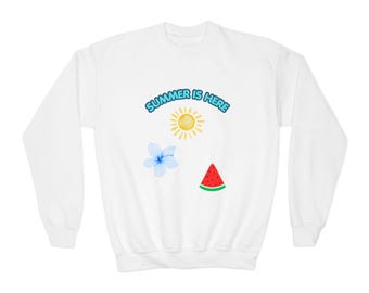 Summer Is Here sun, watermelon, blue flower sweatshirt | youth crewneck