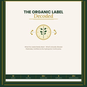 May include: A digital educational guide titled The Organic Label Decoded, featuring a central plant icon, text detailing label tiers, sources, and certifications, with a dark green border and a cream-colored background for clear readability.