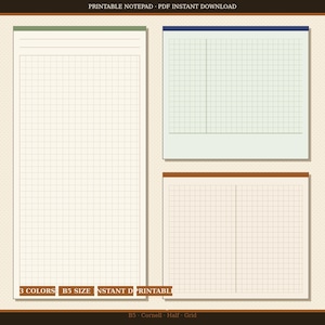 Peut inclure: Un ensemble de trois blocs-notes imprimables au format B5 avec des mises en page quadrillées. Un bloc vertical avec une en-tête verte, un bloc horizontal avec une en-tête bleue et un bloc horizontal avec une en-tête brune. Texte 3 COLORS B5 SIZE INSTANT DOWNLOAD.