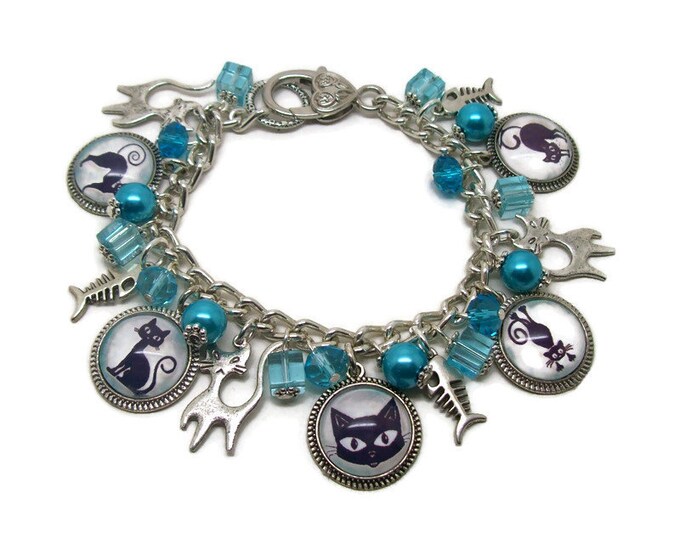 Cat Charm Bracelet Black Cat Bracelet Blue Theme Cat Etsy