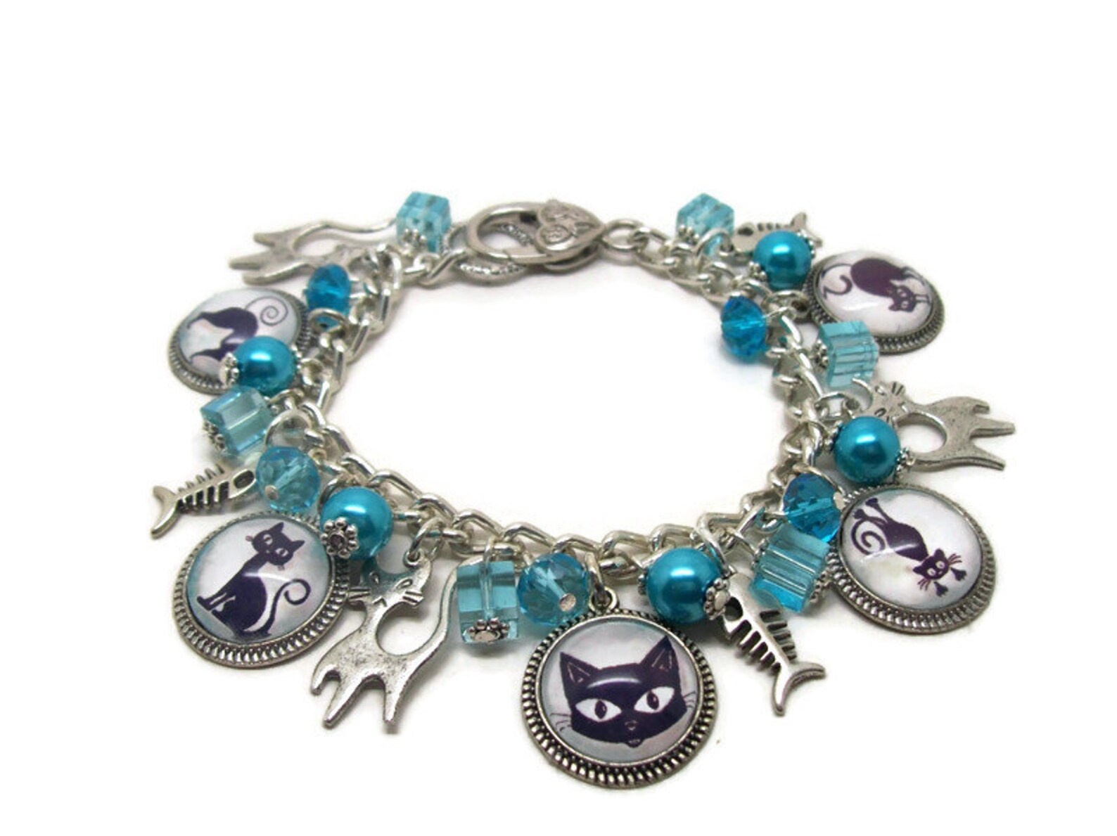 Cat Charm Bracelet Black Cat Bracelet Blue Theme Cat Etsy