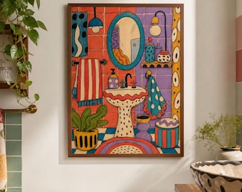 Whimsical Powder Room Art Print | Colorful Bathroom Wall Decor | Housewarming Gift For Eclectic Homes | Matte Poster