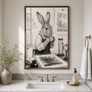 May include: A framed black and white illustration of a rabbit wearing an apron, standing at a desk. The rabbit holds a small round clock. On the desk are a roll of paper, a glass cylinder, a small ink bottle, and a drawing of a rainstorm.