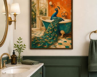 Peacock Clawfoot Tub Art Print | Whimsical Victorian Bathroom Wall Decor