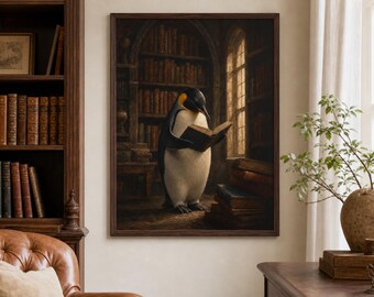 Emperor Penguin Library Print | Painterly Book Lover Wall Art (Vertical)