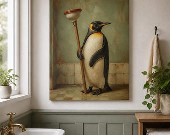 Penguin Bathroom Canvas | Powder Room Wall Decor | Vintage Oil Painting