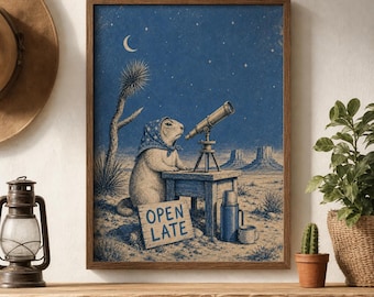 Prairie Dog Observatory Print | Desert Night Stargazer Wall Decor (Matte Art Print)