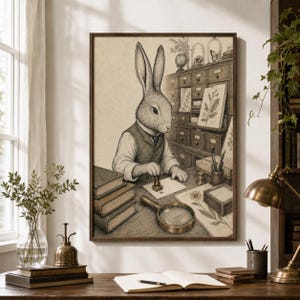 May include: A framed wall art print featuring a detailed illustration of a rabbit dressed in a waistcoat, sitting at a desk with books, a magnifying glass, and a stamp. The scene includes a wooden cabinet with drawers and botanical sketches in the background.