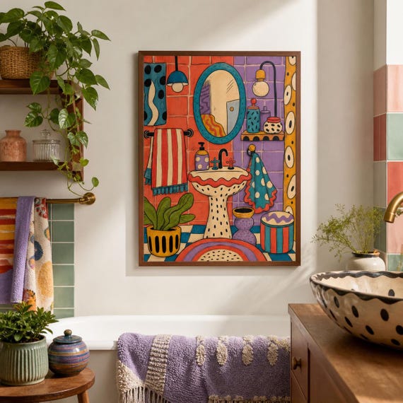 Whimsical Powder Room Art Print | Colorful Bathroom Wall Decor | Housewarming Gift For Eclectic Homes | Matte Poster